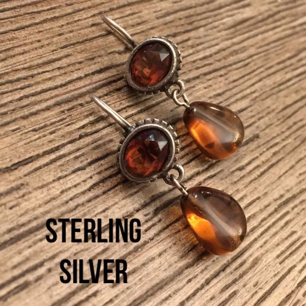 Sterling Silver Earrings Amber & Topaz Color